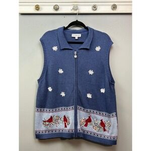 Southern Lady Blue Cardinal Snowflake Knit Vest Womens 1X Zip Collar Winter